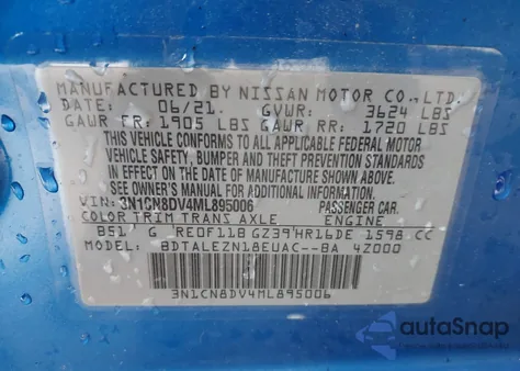 2021 Nissan Versa S Xtronic Cvt from USA, damaged, VIN 3N1CN8DV4ML895006